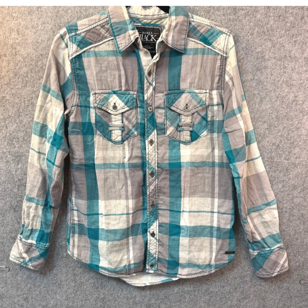 Buckle Black No 48 Mens Small Slim Fit Plaid Button Down Shirt Teal Grey BB060NM